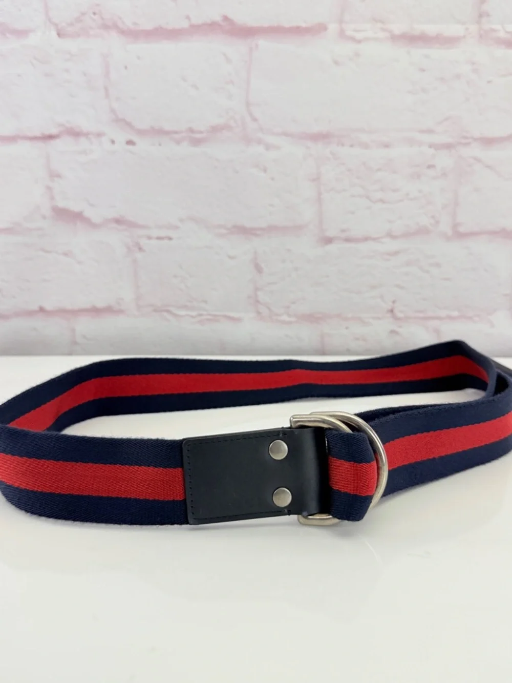 Gucci Web D Ring Unisex Navy & Red Stripe Belt 451136 100/40